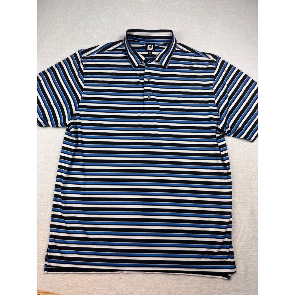 FootJoy Mens XL Striped Golf Polo Shirt Blue Black White Short Sleeve FJ Logo
